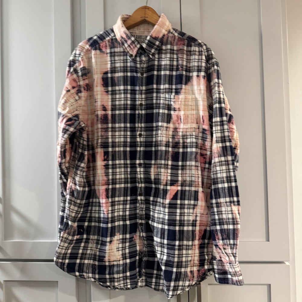 FRANKLIN FLANNELS Mens XL Upcycled‎ Bleached Plaid Long Sleeve Button Up Shirt